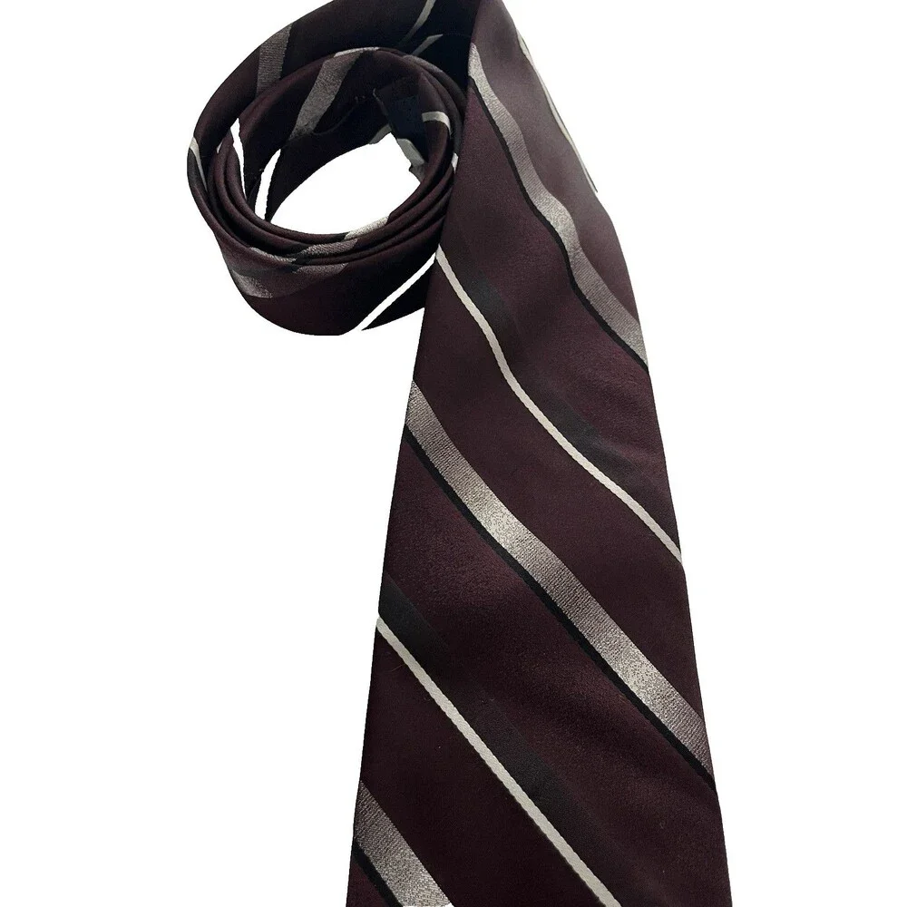 Pierre Cardin Tie Burgundy Purple Silver Diagonal Stripes length 58” 100% Silk